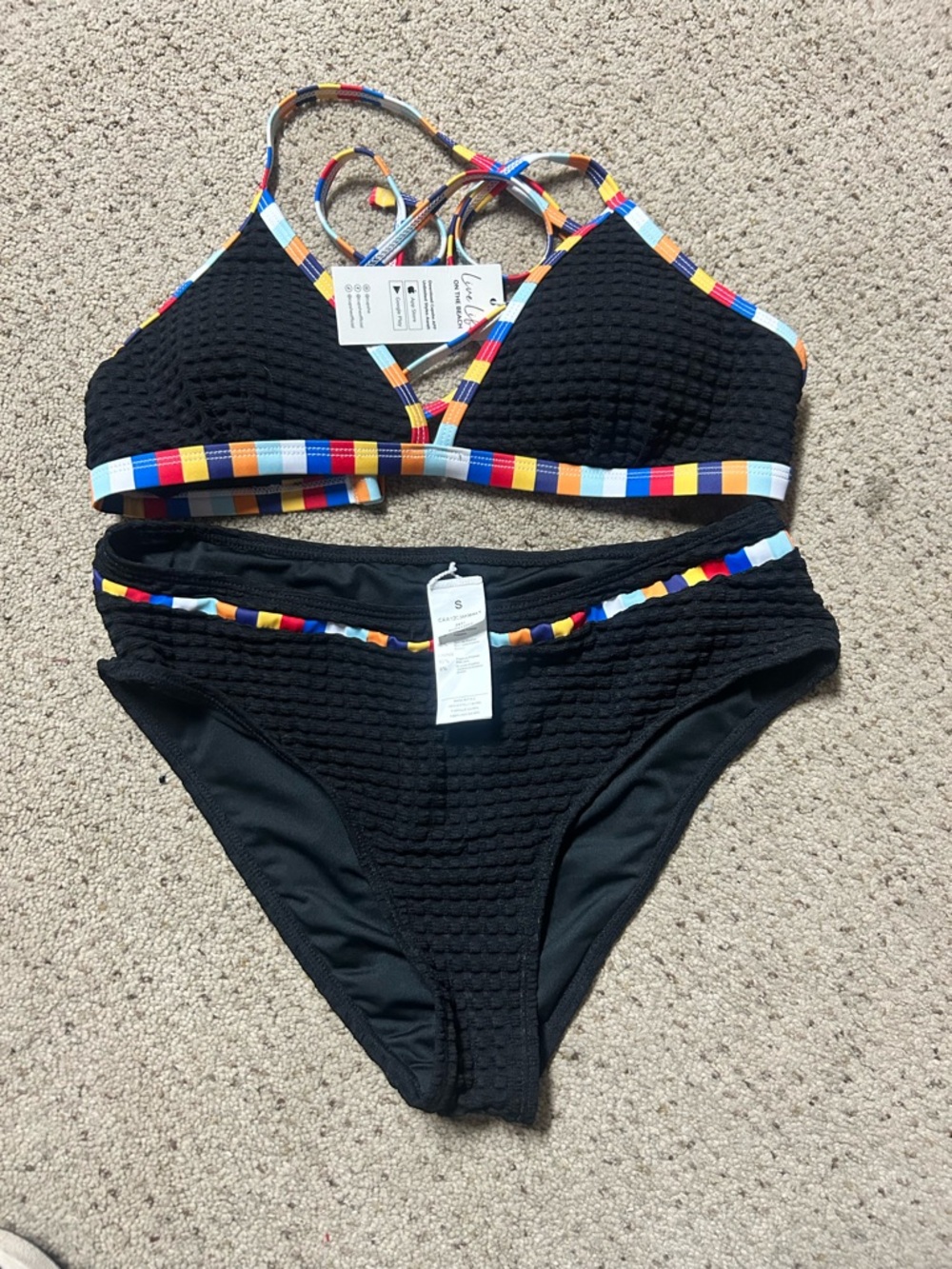 Black Textured Two-Piece Bikini with Multicolor Trim